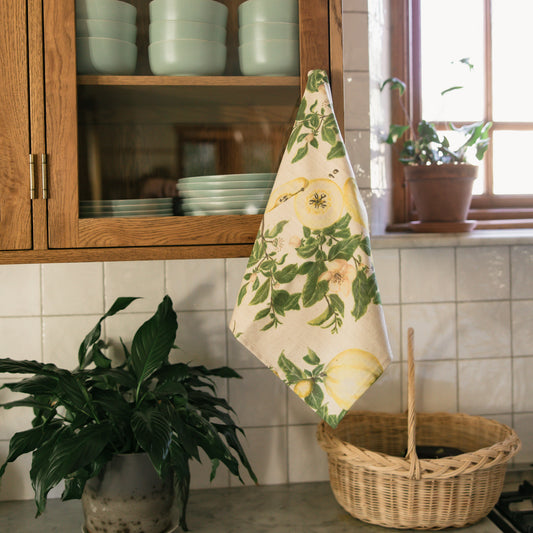 Kitchen counter with a plant, wicker basket, and floral towel hanging from a cabinet.
